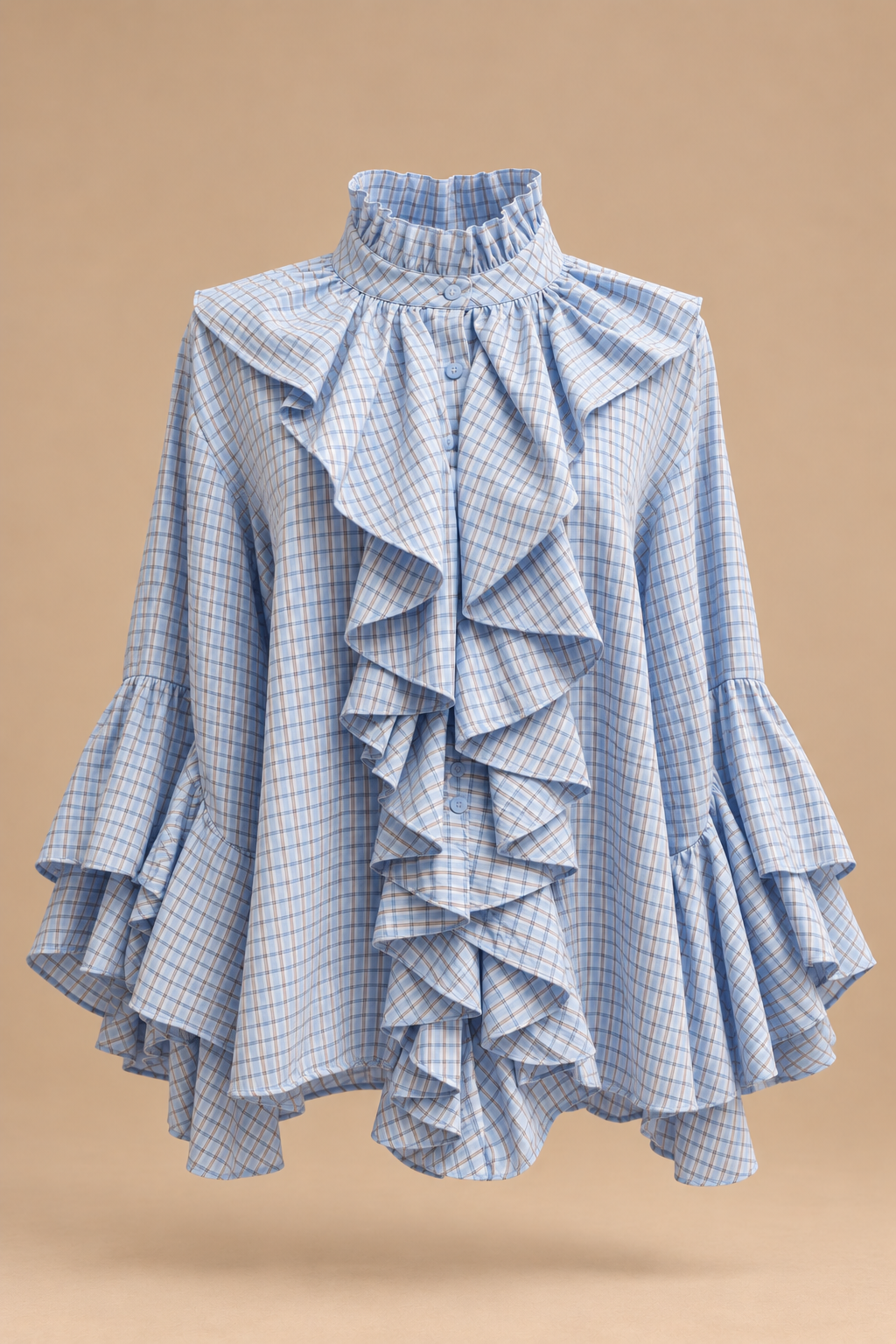Blusa azul bebé y líneas camel