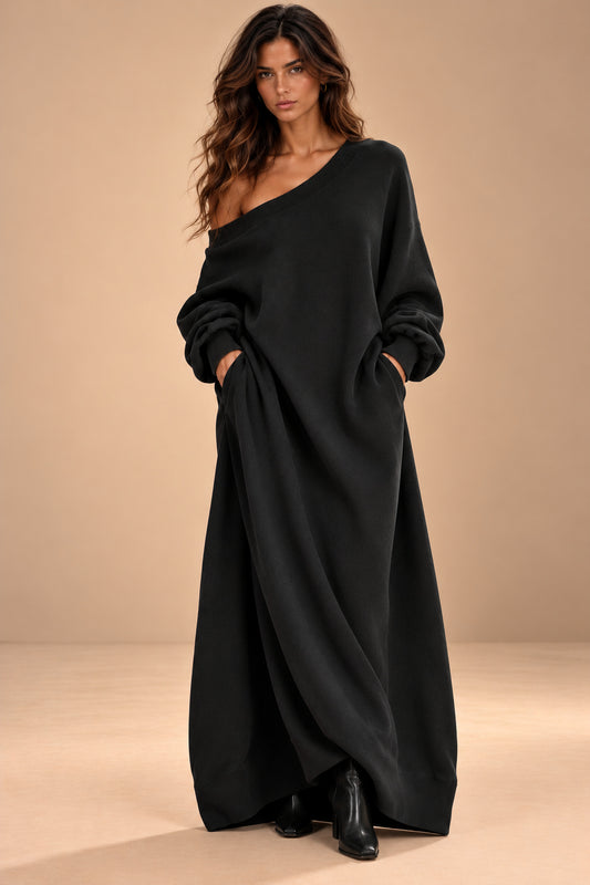 Vestido Maxi Negro de Sudadera con Hombros Descubiertos