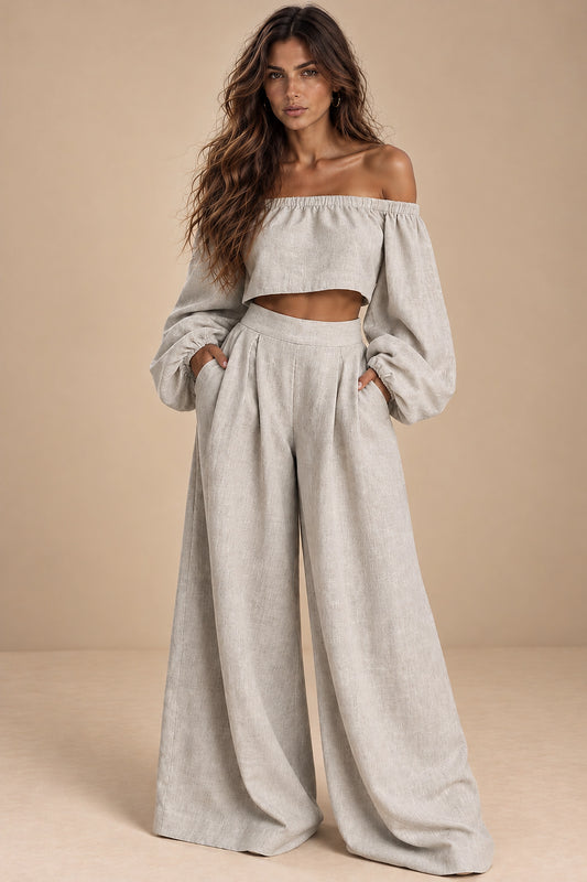 Giorgia - Completo Elegante in Lino con Top Corto e Pantaloni Palazzo
