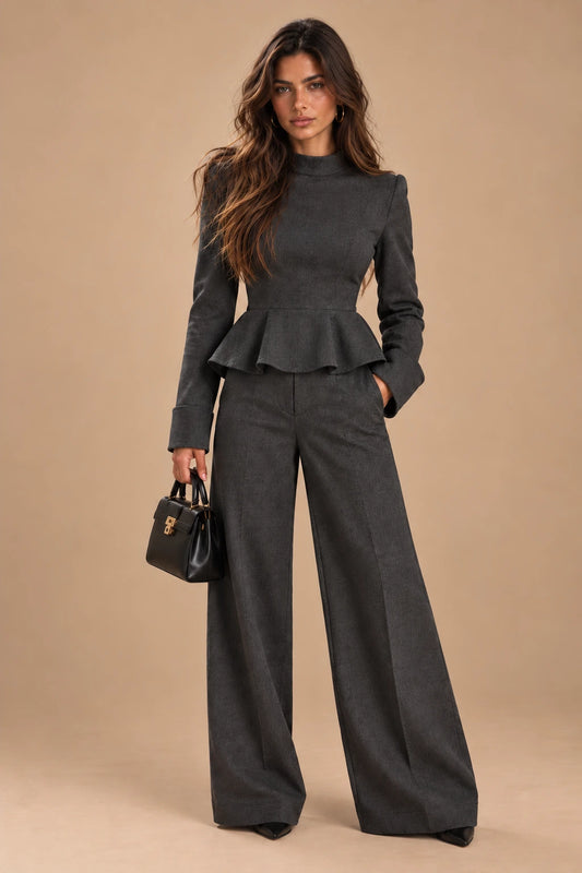 BIANCA | Conjunto Elegante con Top Péplum y Pantalón de Pierna Ancha