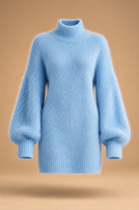 Vestido mini de punto de mohair azul cielo con cuello alto