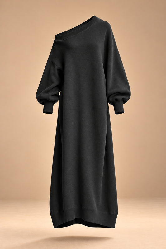 Vestido Maxi Negro de Sudadera con Hombros Descubiertos