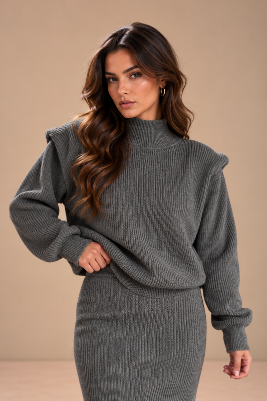 FALON - Jersey de cuello alto con hombros estructurados, gris