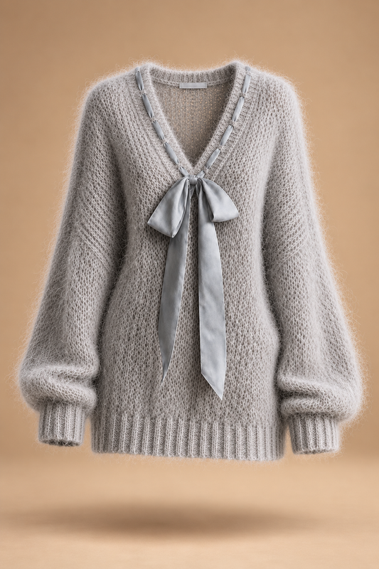 Vestido mini gris claro con escote en V, mangas abullonadas y detalle de satén