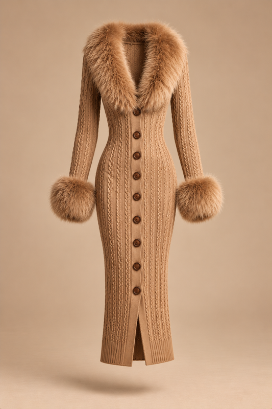 Vestido midi de punto camel con cuello y puños de pelo sintético
